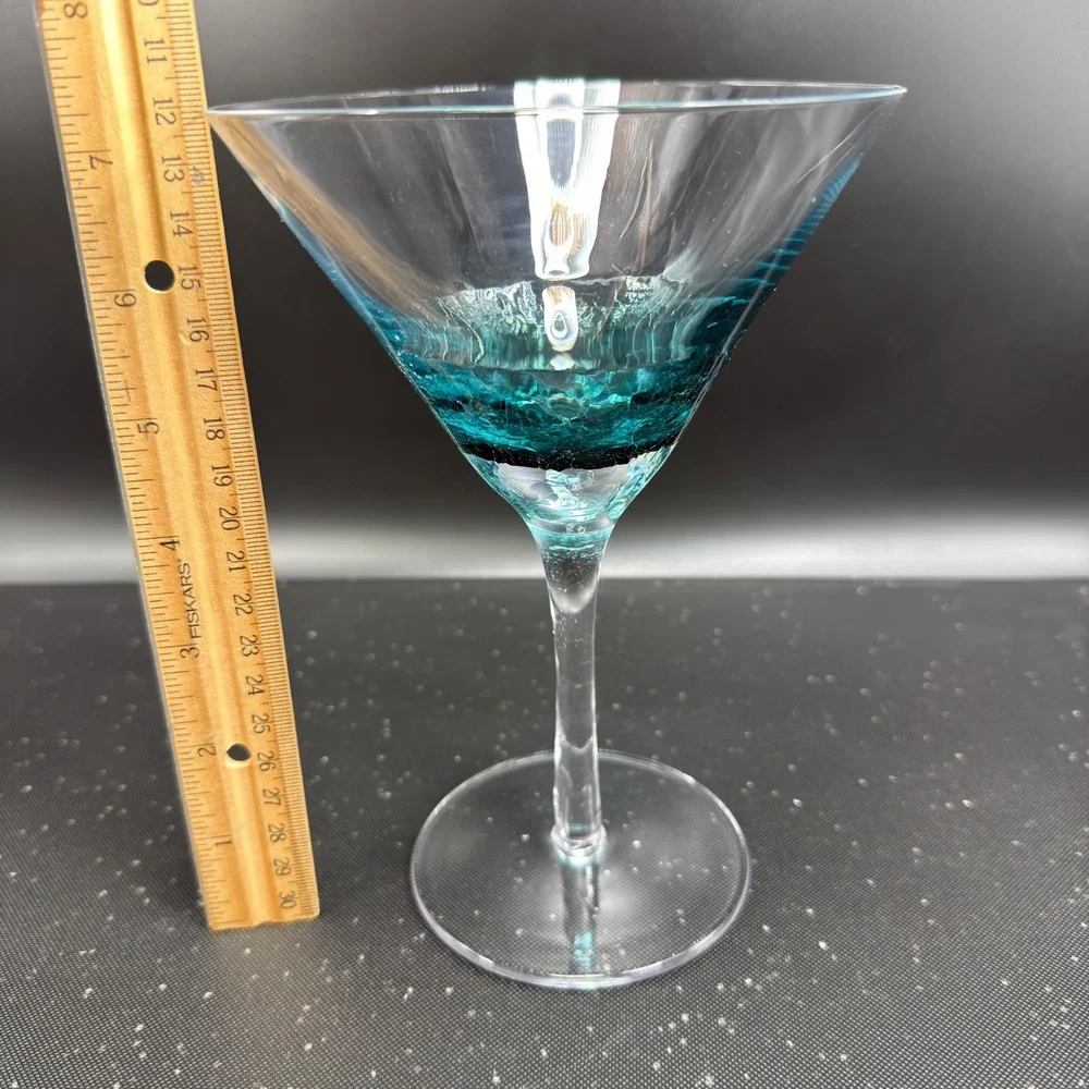 Pier 1 Teal Blue Crackle‎ Glass Martini Glasses Cocktail Stemware Cups Set of 2